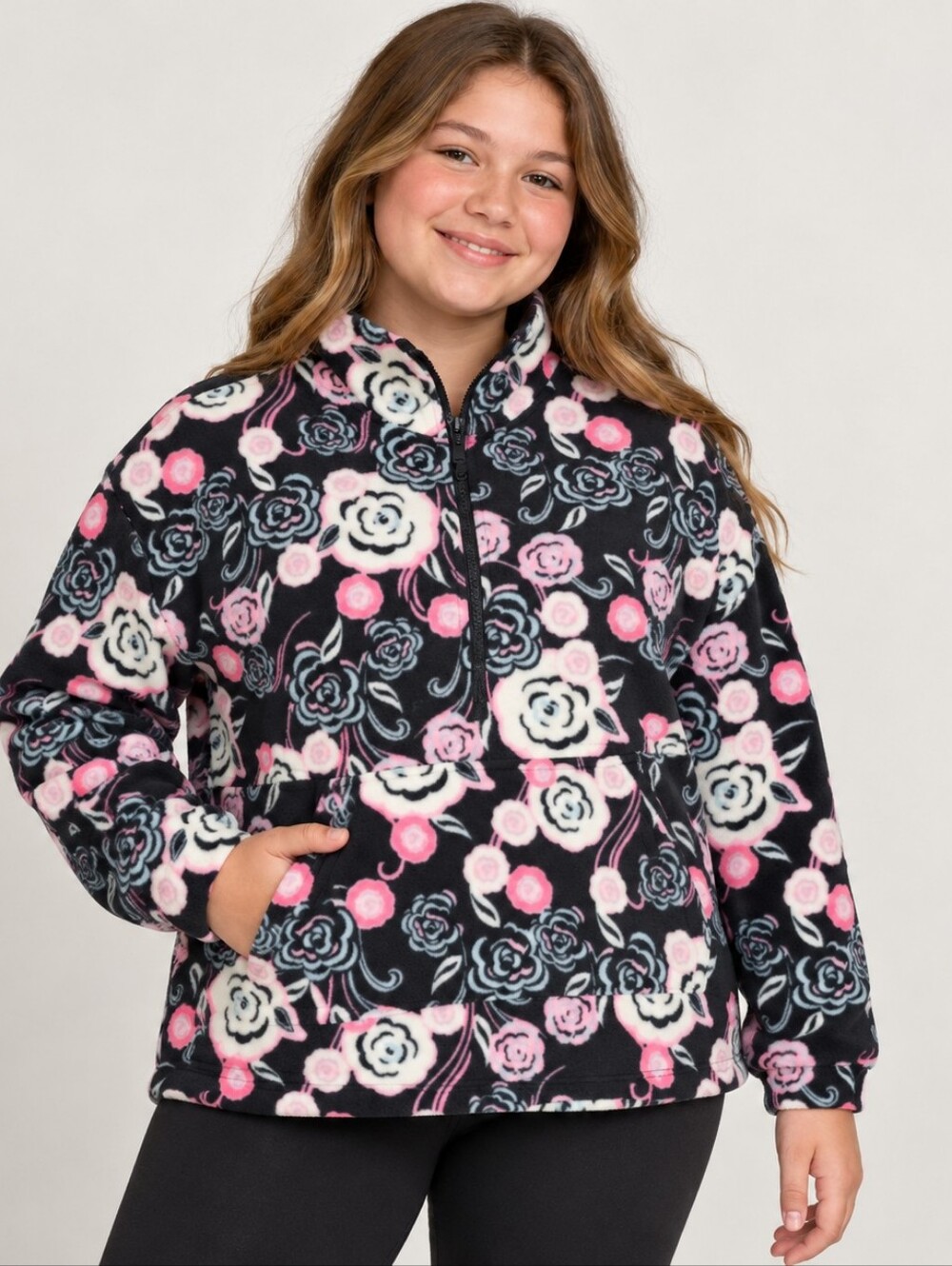 ​Athletic Works Girls Floral Fleece 1/4 Zip Pullover Jacket XL Plus Dark Navy